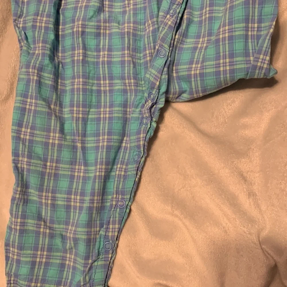 Gymboree vintage girls blue purple plaid overalls snaps embroidered 12 18 mo